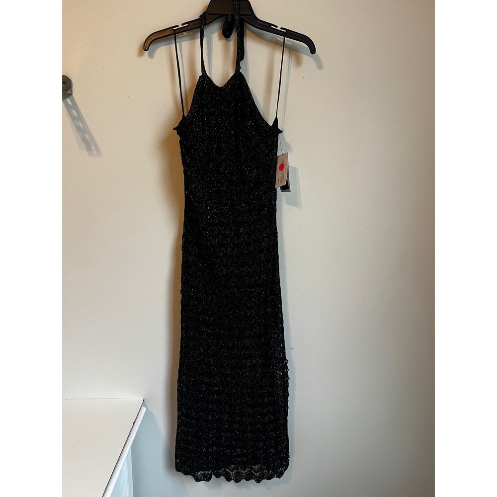 GUESS Alina Halter Dress Jet Black Metallic Crochet Halter Maxi Dress Sz S‎ NWT